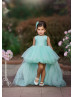 Beaded Mint Green Satin Tulle High Low Flower Girl Dress